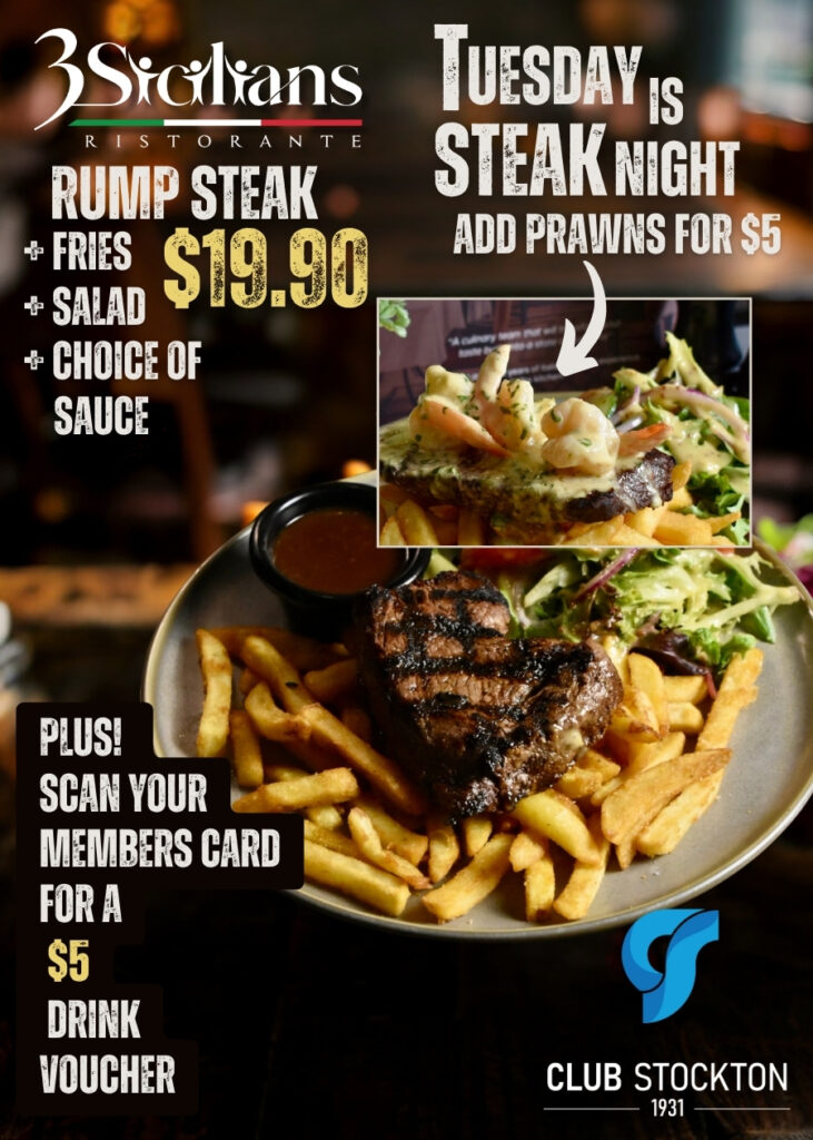 SteSteak Night add prawns 5 dollars plus member 5 dollar drink voucher